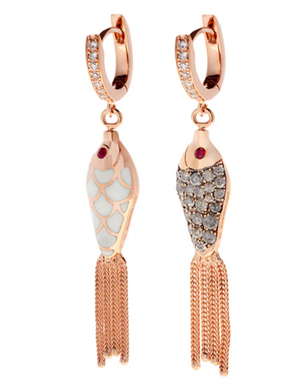 FISH FOR LOVE EARRING IVORY ICY GREY DIAMONDS- RUBIES - Millo 