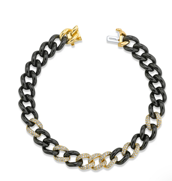 READY TO SHIP DIAMOND 7 PAVE & BLACK CERAMIC MEDIUM LINK BRACELET - Millo 
