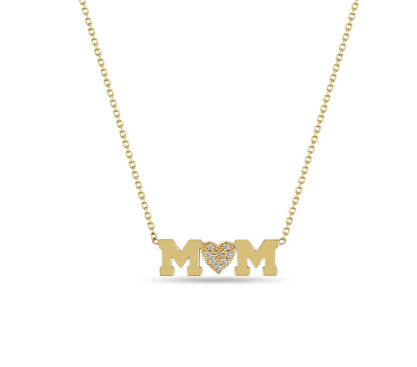 14K MOM WITH PAVÉ DIAMOND HEART NECKLACE - Millo 