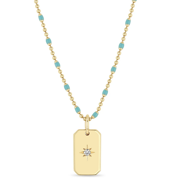 14KT STAR SET DIAMOND SMALL SQUARE EDGE DOG TAG NECKLACE - Millo 
