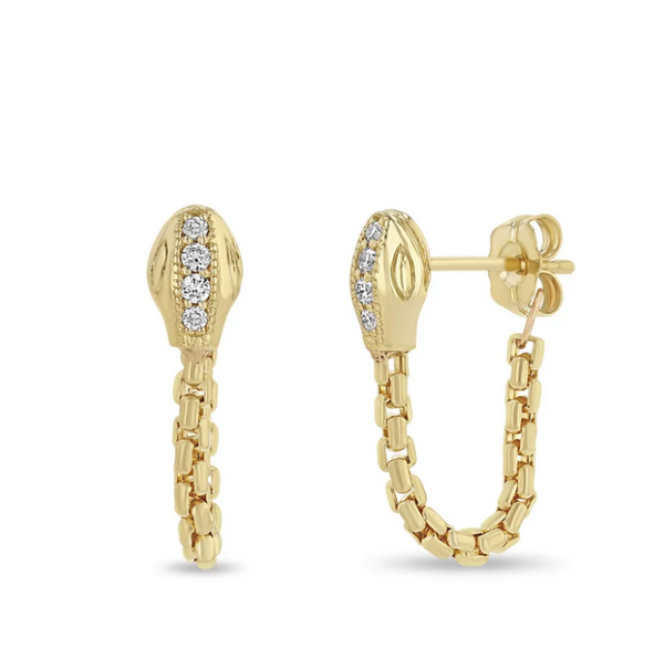 14KT  PAVÉ DIAMOND SNAKE HEAD BOX CHAIN HUGGIE EARRINGS - Millo 