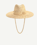 Load image into Gallery viewer, Monogram-embellished Chain Strap Straw Fedora Hat
