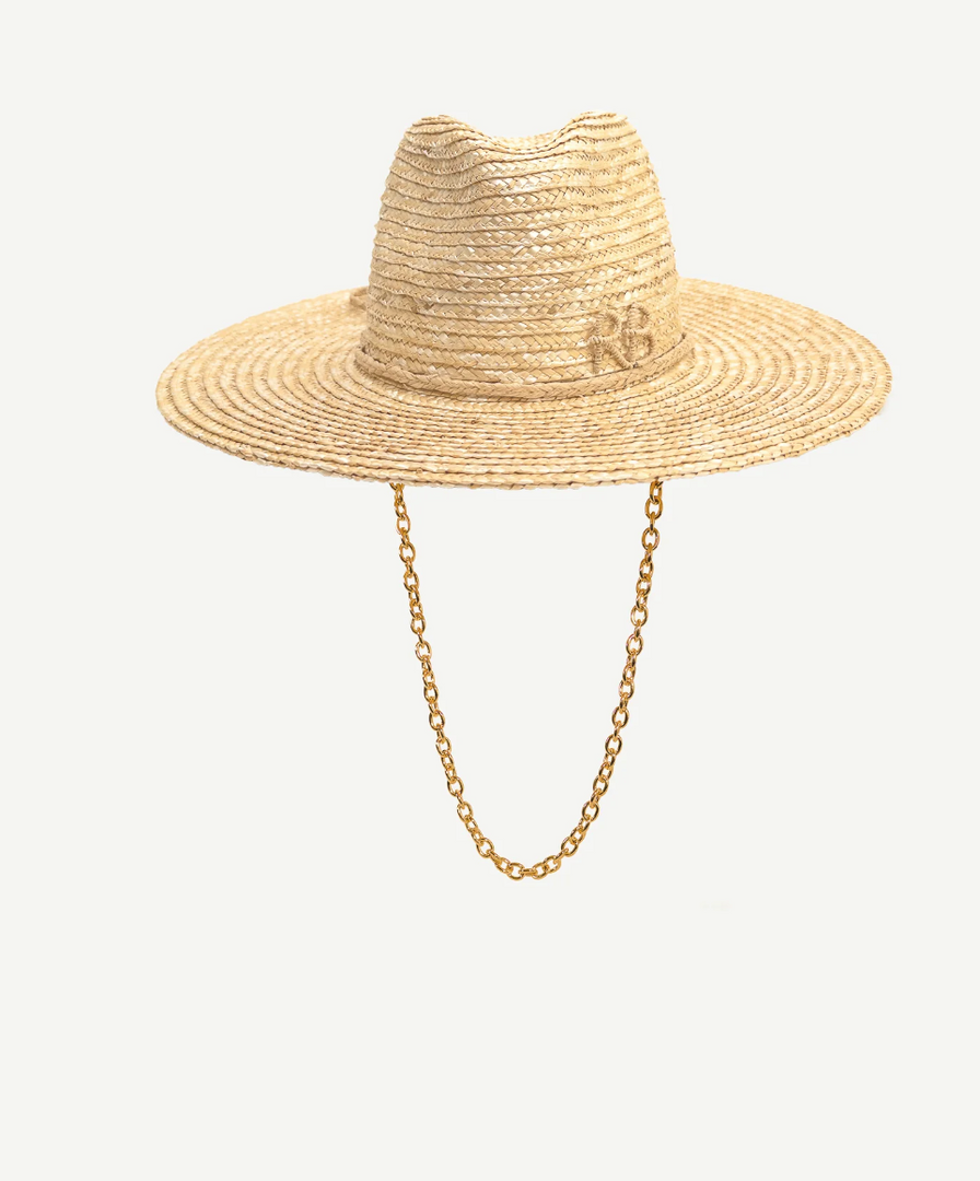 Monogram-embellished Chain Strap Straw Fedora Hat