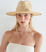 Load image into Gallery viewer, Monogram-embellished Chain Strap Straw Fedora Hat
