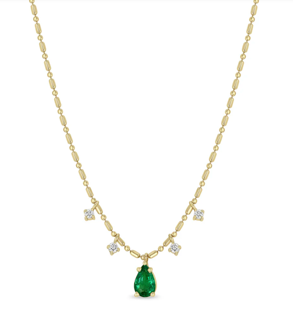 14K PEAR EMERALD PENDANT & DANGLING DIAMONDS TUBE BAR CHAIN NECKLACE