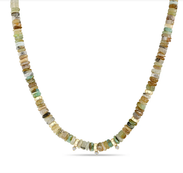 14K MIXED NEUTRAL GEMSTONE RONDELLE BEAD NECKLACE WITH 3 PRONG DIAMONDS