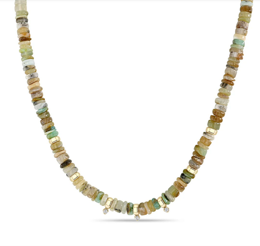 14K MIXED NEUTRAL GEMSTONE RONDELLE BEAD NECKLACE WITH 3 PRONG DIAMONDS