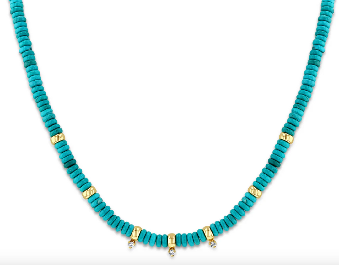 14K GOLD & TURQUOISE RONDELLE BEAD NECKLACE WITH 3 PRONG DIAMONDS