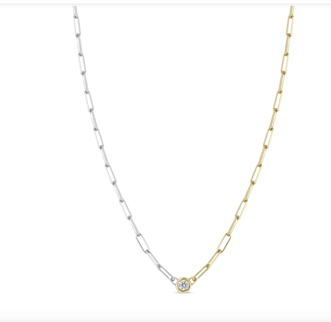 14K FLOATING DIAMOND TWO TONE GOLD SMALL PAPERCLIP CHAIN NECKLACE