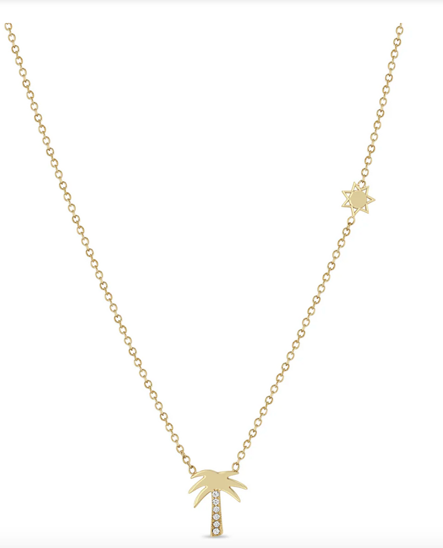 14K MIDI BITTY DIAMOND PALM TREE NECKLACE WITH ITTY BITTY SUN