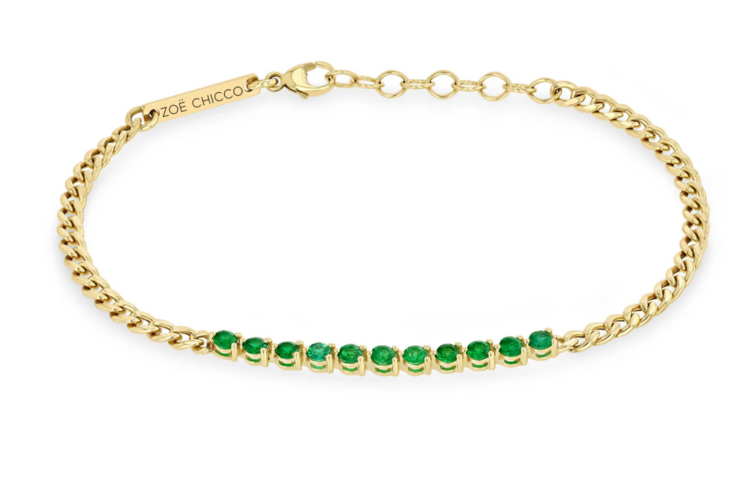 14K EMERALD TENNIS SEGMENT SMALL CURB CHAIN BRACELET