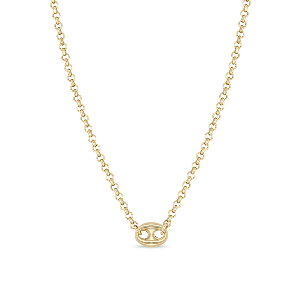 14K GOLD SMALL ROLO CHAIN WITH A LARGE MARINER  LINK