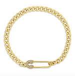 Load image into Gallery viewer, 14K GOLD MEDIUM CURB CHAIN BRACELET WITH A PAVE DIAMOND SAFETY PIN CLASP
