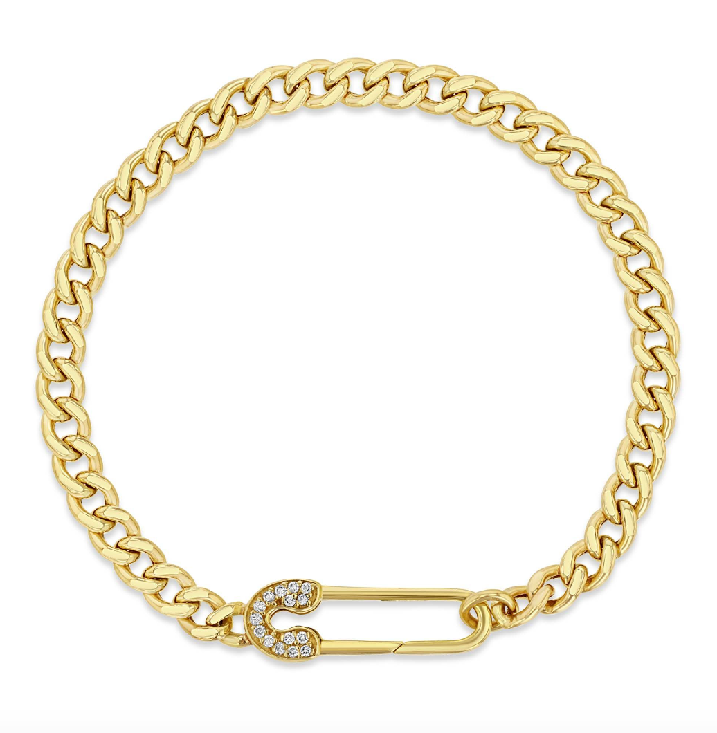 14K GOLD MEDIUM CURB CHAIN BRACELET WITH A PAVE DIAMOND SAFETY PIN CLASP