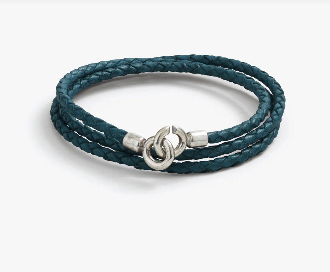 Sterling Silver 3MM Blue C Clasp Braided Leather Bracelet