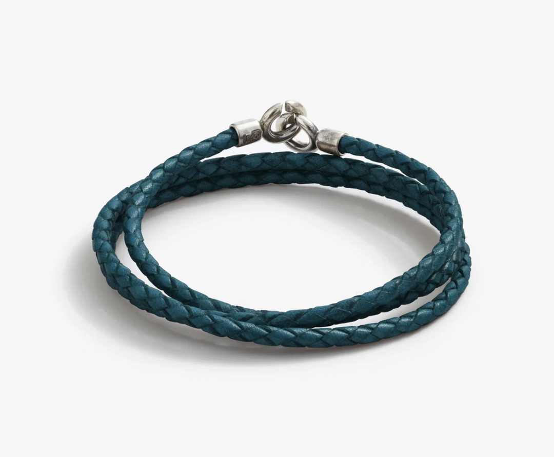 Sterling Silver 3MM Blue C Clasp Braided Leather Bracelet