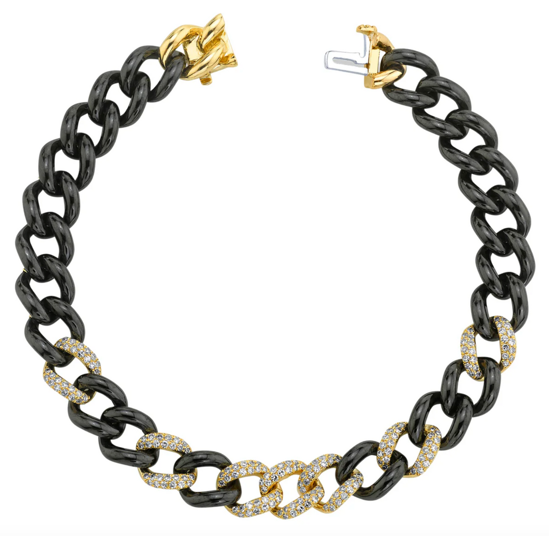 DIAMOND 7 PAVE & BLACK CERAMIC MEDIUM LINK BRACELET