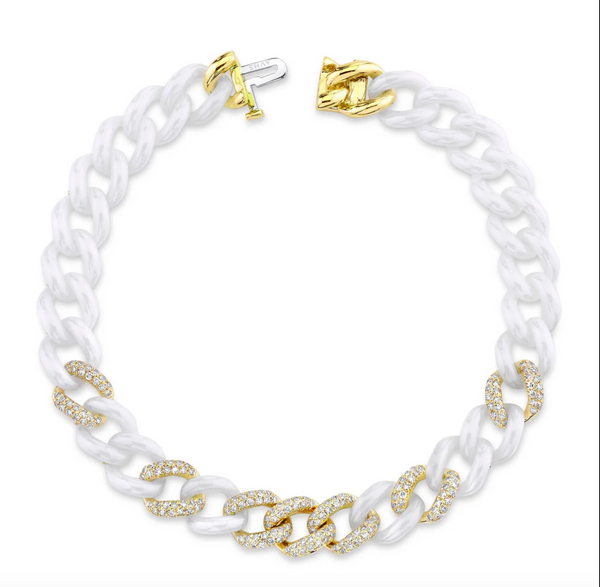 DIAMOND 7 PAVE & WHITE CERAMIC MEDIUM LINK BRACELET
