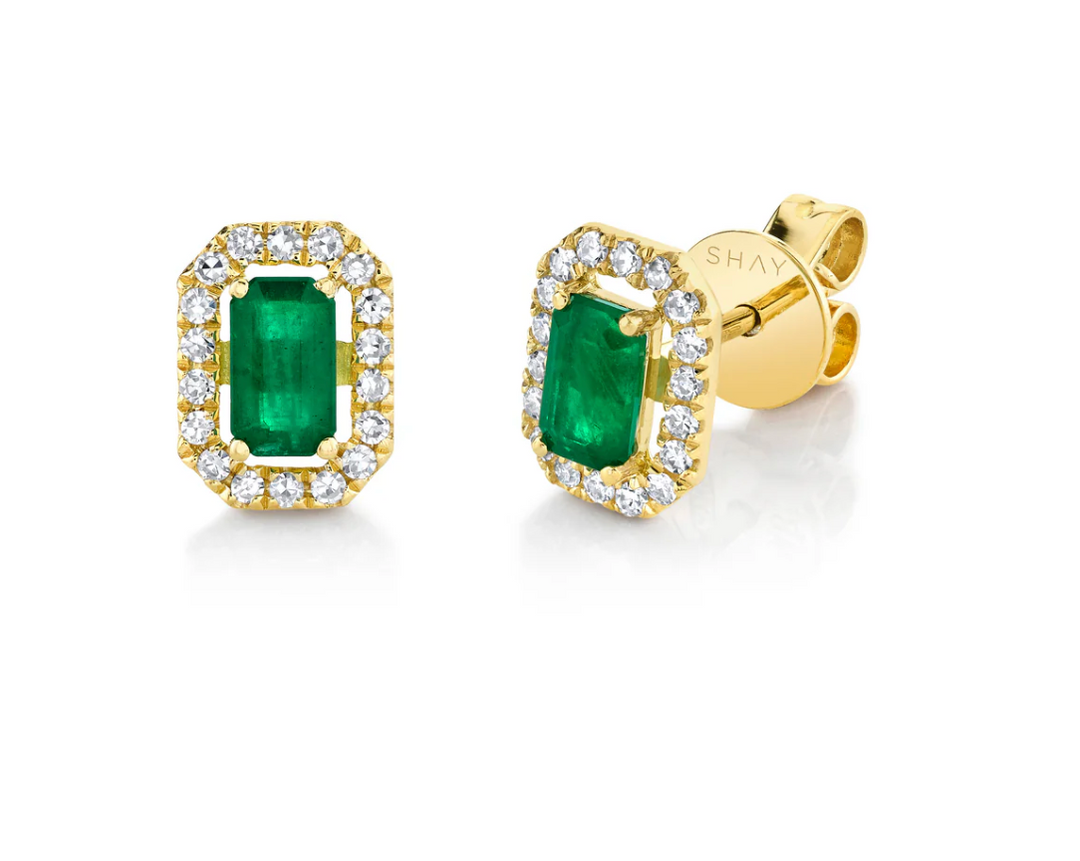 DIAMOND HALO EMERALD STUDS