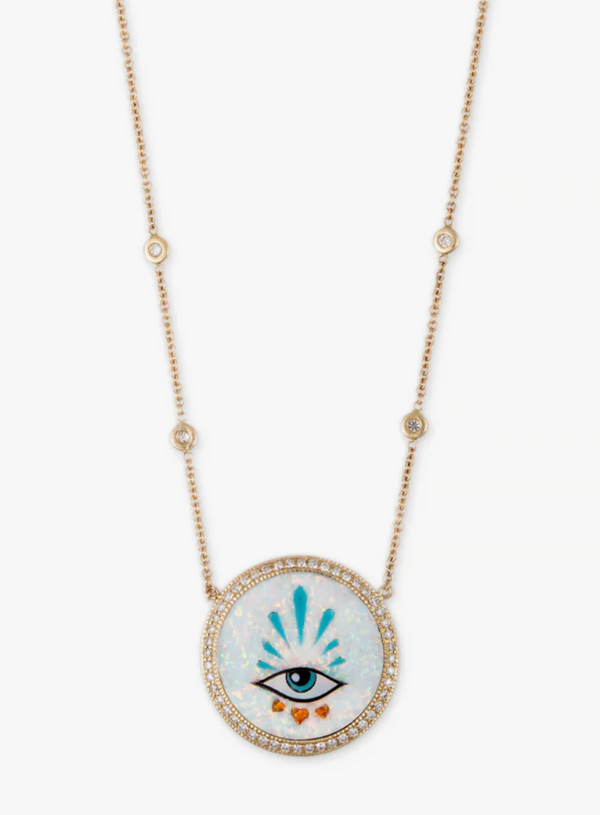 SMALL PAVE 3 HEARTS EYE BURST OPAL INLAY NECKLACE