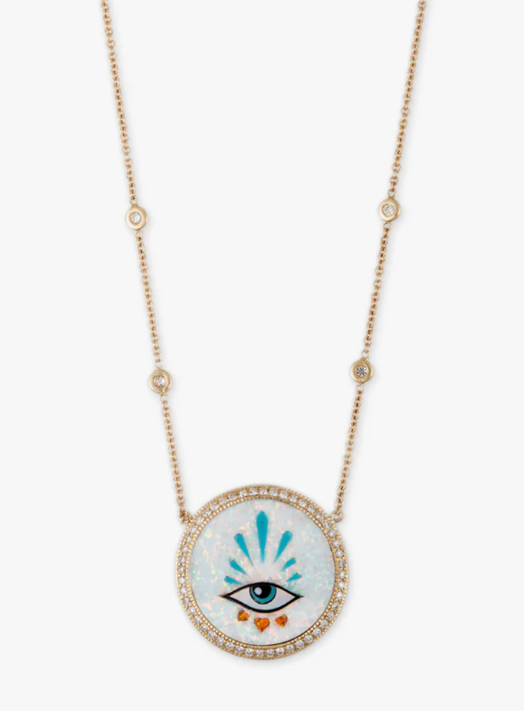 SMALL PAVE 3 HEARTS EYE BURST OPAL INLAY NECKLACE