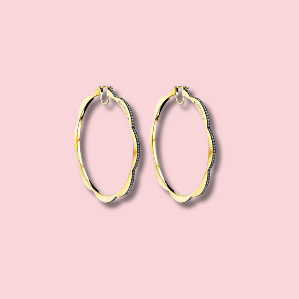 Jumbo Yellow Gold Triplet Hoop Earrings with Black and White Diamonds
