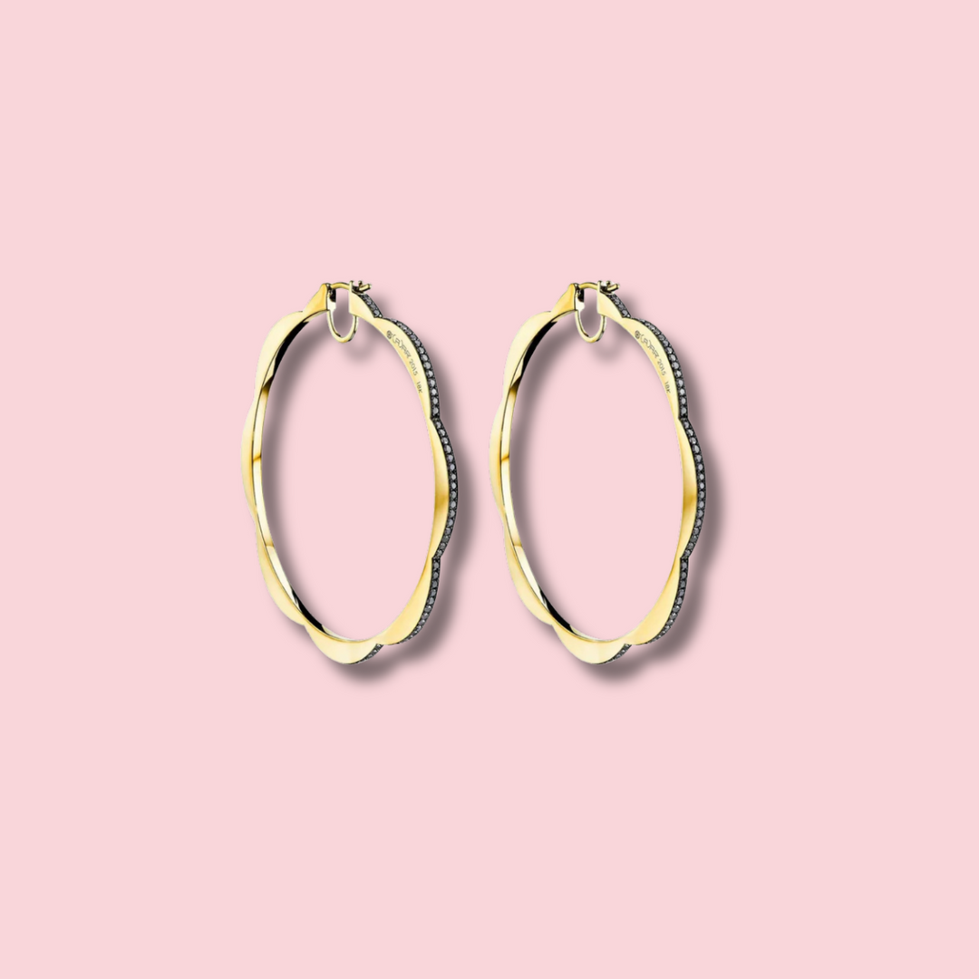 Jumbo Yellow Gold Triplet Hoop Earrings with Black and White Diamonds