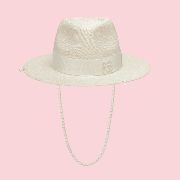Pearls-embellished Straw Fedora Hat