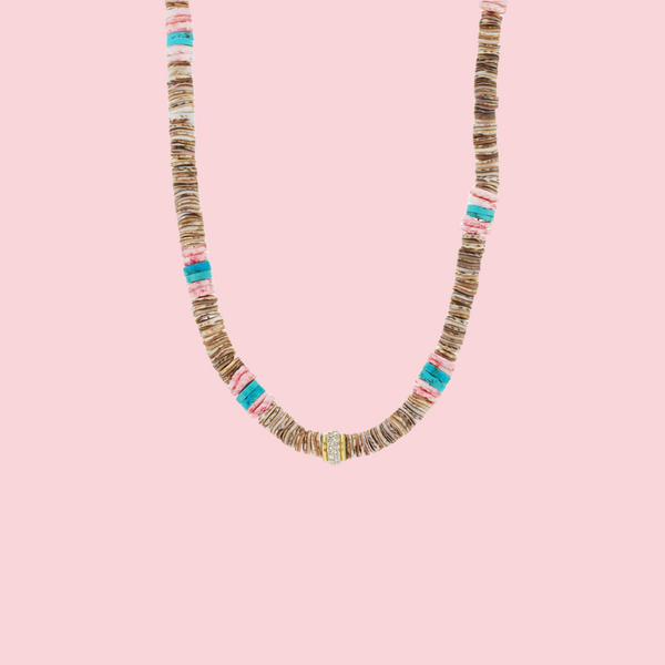 Turquoise, Pink and Brown Heishi Beaded Necklace