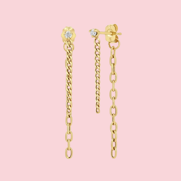 14k Prong Diamond Mixed Chain Double Drop Earrings