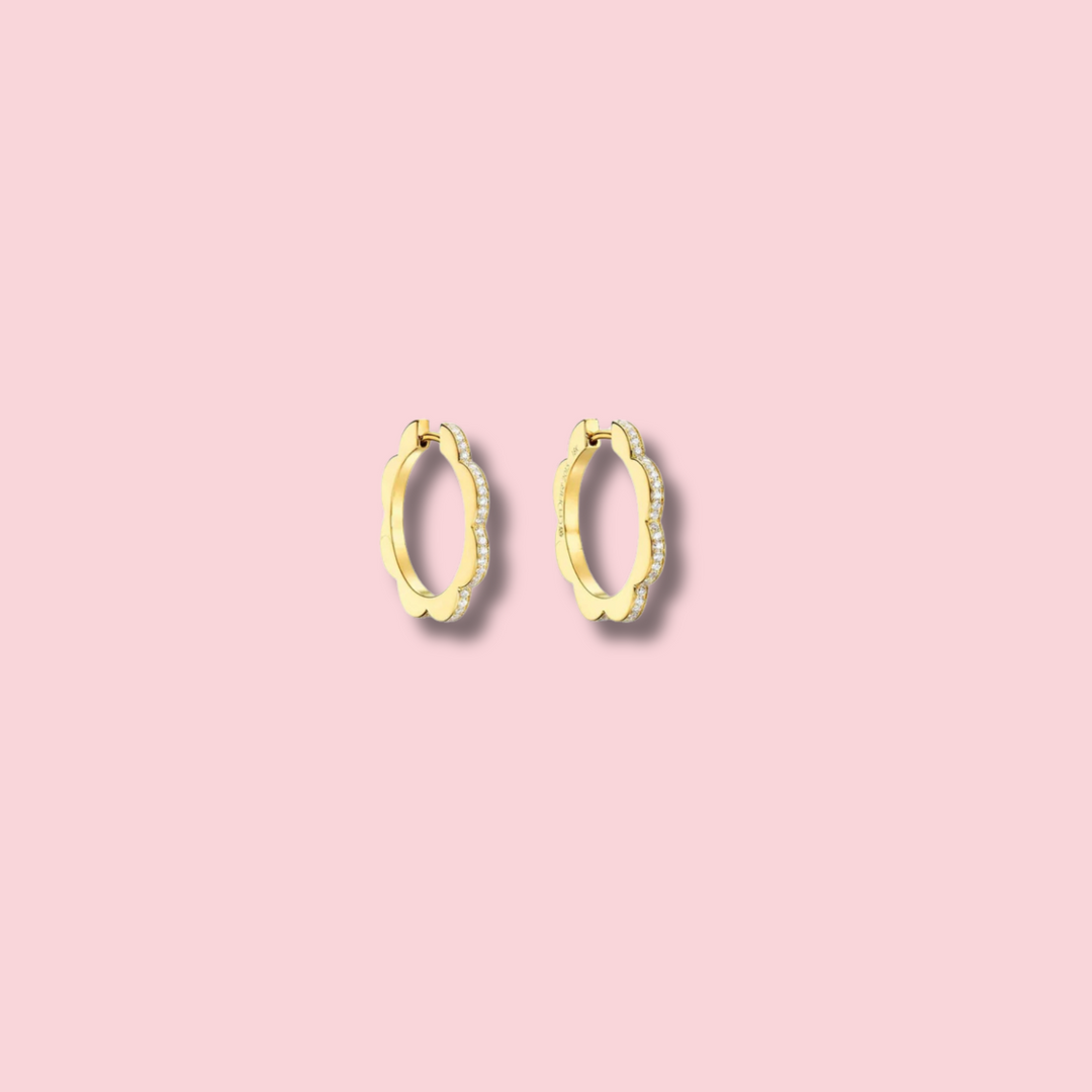 Medium Yellow Gold Triplet Hoop Earrings with White Diamonds
