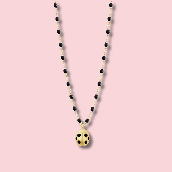 Ladybug Black Necklace, Yellow Gold, 16.5"