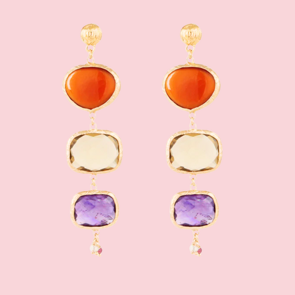 Silene earrings gold - Carnelian, Clear Yellow Calcite & Amethyst
