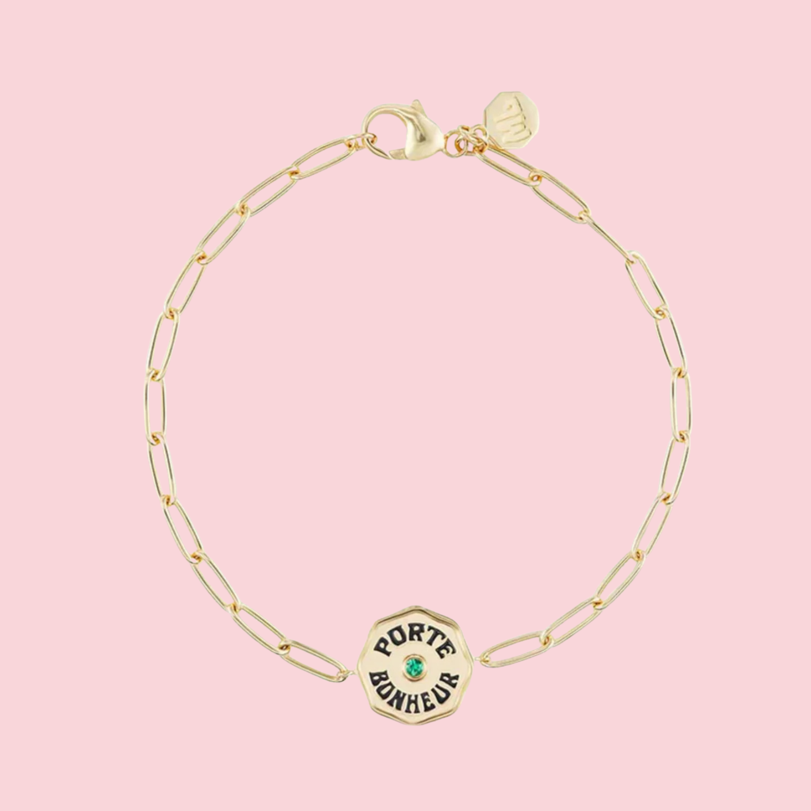 Petite Porte Bonheur Bracelet with Black Enamel and Emerald Center Stone in Yellow Gold