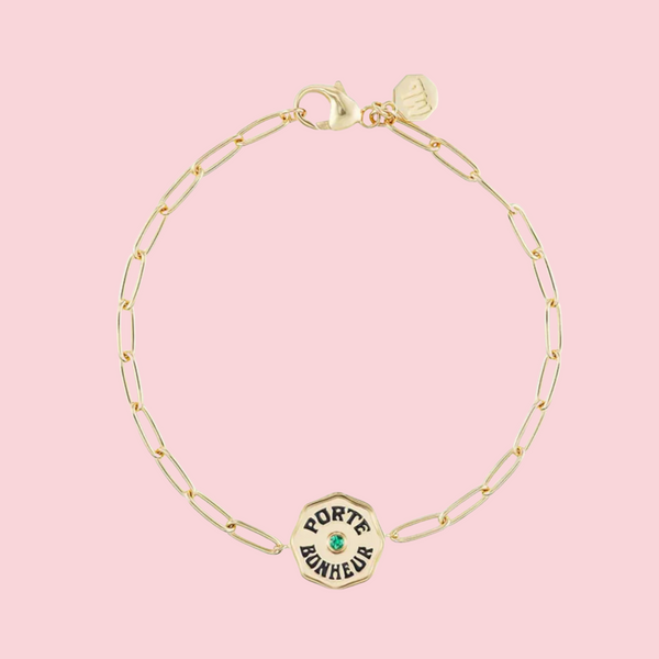 Petite Porte Bonheur Bracelet with Black Enamel and Emerald Center Stone in Yellow Gold