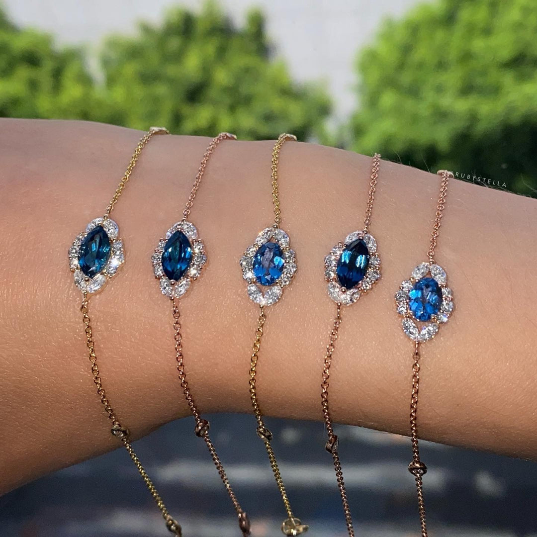 14K Gold Diamond and Blue Topaz Marquise Evil Eye Bracelet - Millo Jewelry