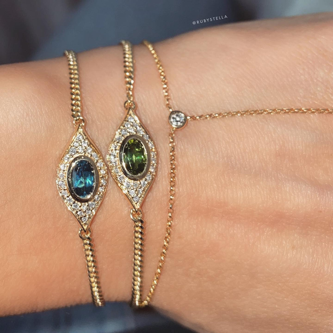 14K Gold Diamond Oval Blue Topaz Evil Eye Bracelet - Millo Jewelry