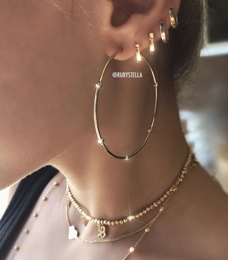 14K White Gold 2" Diamond Cut Bead Hoop Earrings - Millo Jewelry