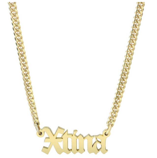 14K Gold Mini Cuban Link Personalized Old English Nameplate Necklace - Millo Jewelry