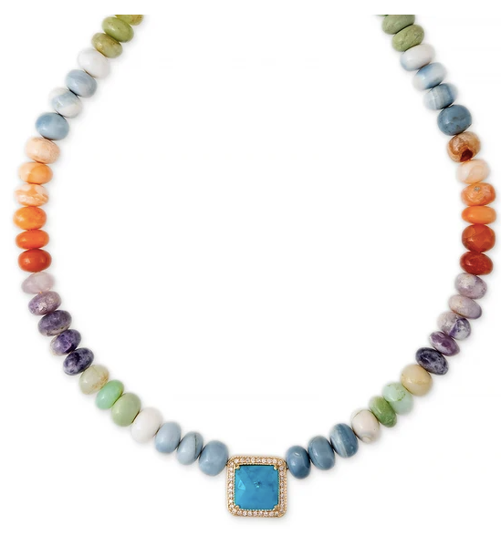 PAVE TURQUOISE SQUARE CENTER MULTI COLOR OPAL BEADED NECKLACE - Millo Jewelry