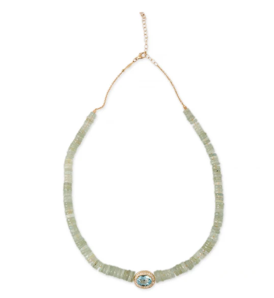 PAVE AQUAMARINE OVAL CENTER HEISHI AQUAMARINE BEADED NECKLACE - Millo Jewelry
