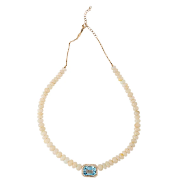 PAVE DIA PAVE BLUE TOPAZ CENTER GRADUATED SMOOTH OPAL BEADED NECKLACE - Millo Jewelry