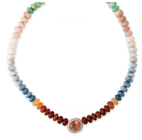 PAVE TOURMALINE OVAL CENTER MULTI COLOR OPAL BEADED NECKLACE - Millo Jewelry