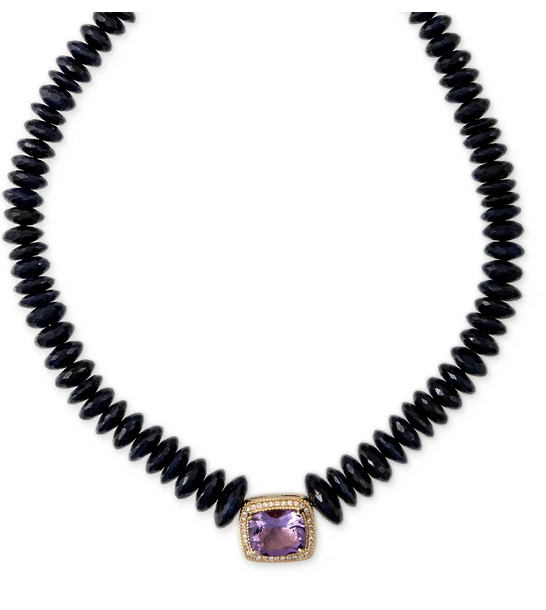 PAVE AMETHYST RECTANGLE CENTER FACETED SAPPHIRE BEADED NECKLACE - Millo Jewelry