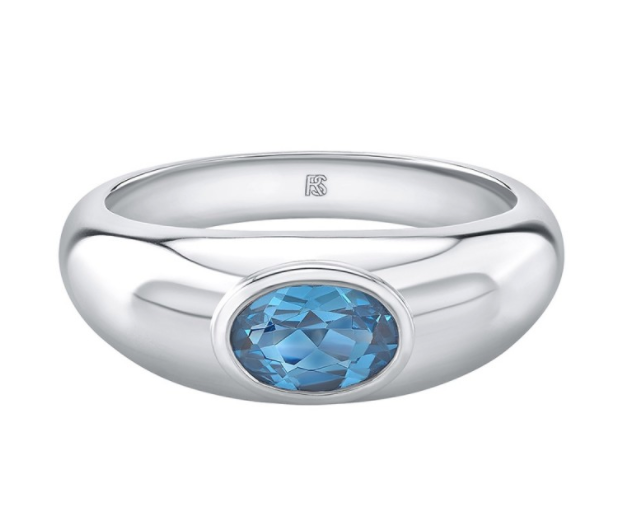 14K White Gold Bezel Set Blue Topaz Dome Ring - Millo Jewelry