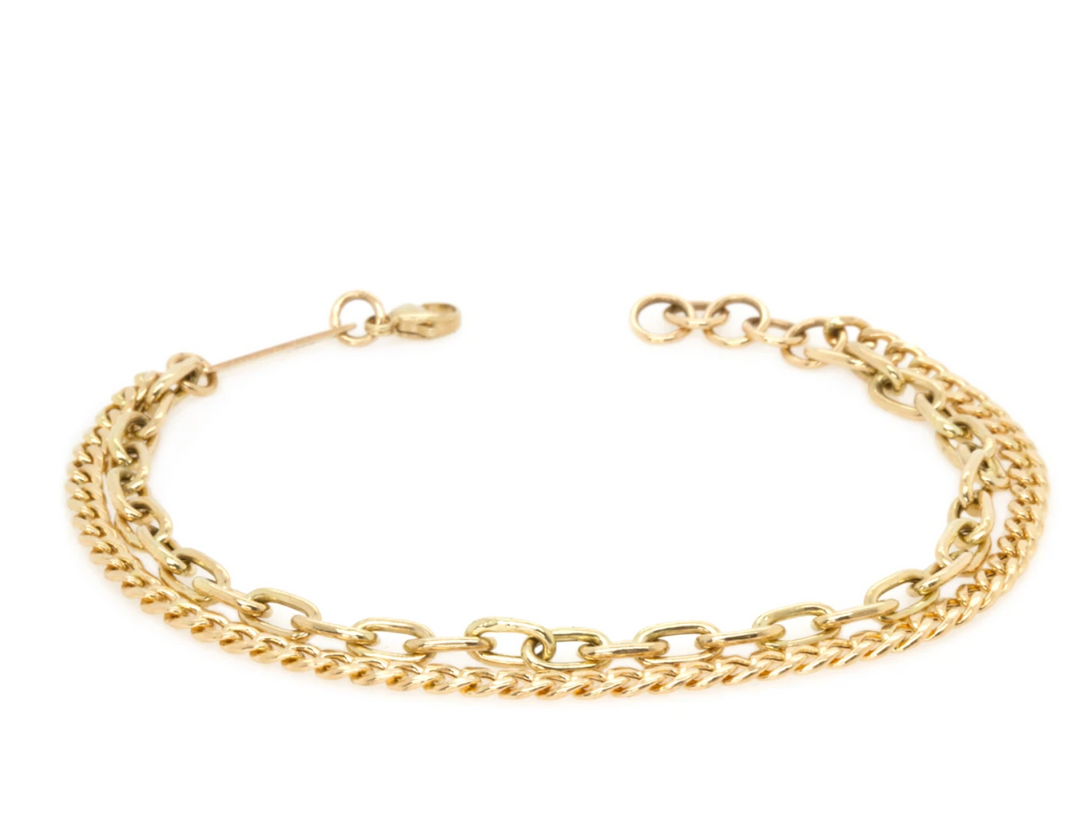 14K GOLD MEDIUM DOUBLE CHAIN BRACELET WITH CURB AND SQUARE OVAL CHAIN - Millo Jewelry