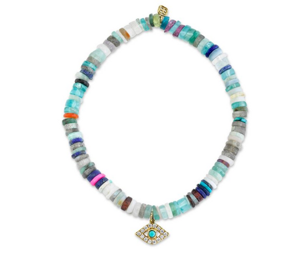YELLOW GOLD & DIAMOND BEZEL EVIL EYE WITH TURQUOISE ON RAINBOW OPAL HEISHI - Millo Jewelry