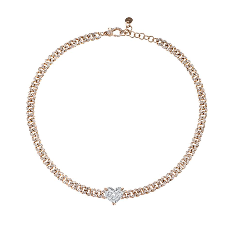 PAVE MINI LINK CHOKER WITH HEART DIAMOND CENTER - Millo Jewelry