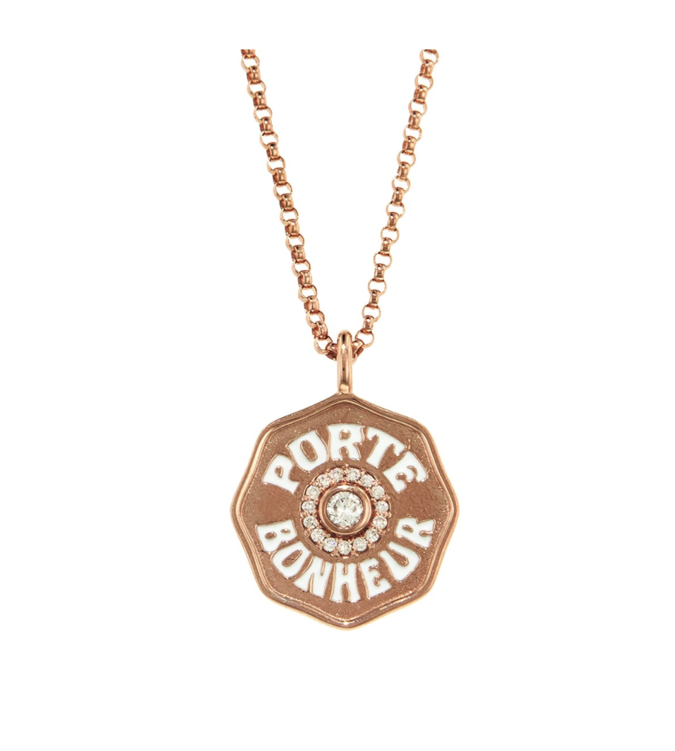MINI DIAMOND AND WHITE ENAMEL PORTE BONHEUR COIN NECKLACE - ROSE GOLD - Millo Jewelry