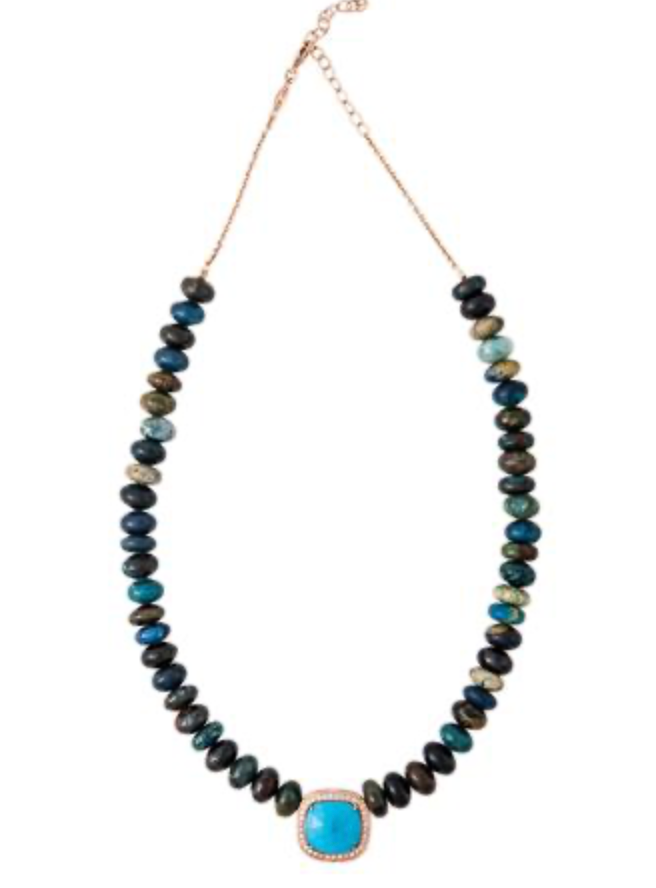 Pave Diamond Turquoise Rounded Square Center Dark Multi Blue Opal Beaded Necklace - Millo Jewelry